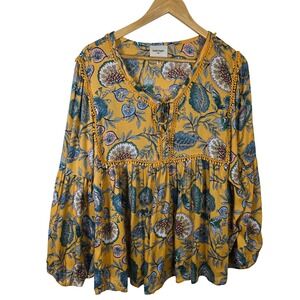 Haute Hippie Tribe Yellow Floral Print Tiered Boho Blouse Top Plus Size 1X